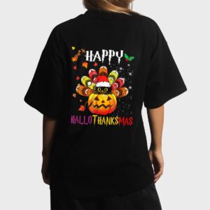 Black Cat Halloween And Merry Christmas Happy Hallothanksmas Women T-Shirt