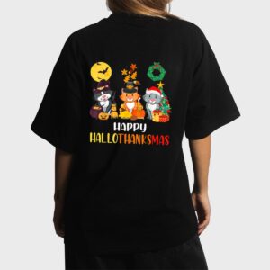 Cat Halloween Christmas Happy Hallothanksmas Thanksgiving Women T-Shirt