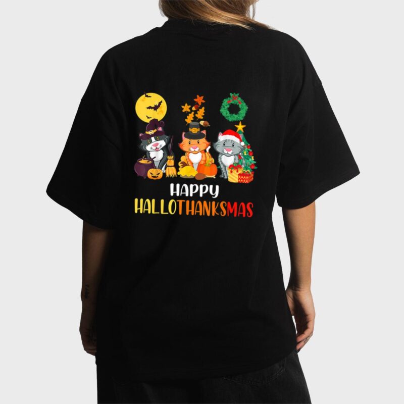 Cat Halloween Christmas Happy Hallothanksmas Thanksgiving Women T-Shirt