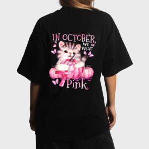 Cat Pumpkin Halloween In October We Wear Pink Breast Cancer Women T-Shirt