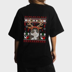 Cat Reindeer Antlers Headband Funny Ugly Christmas Sweater Women T-Shirt