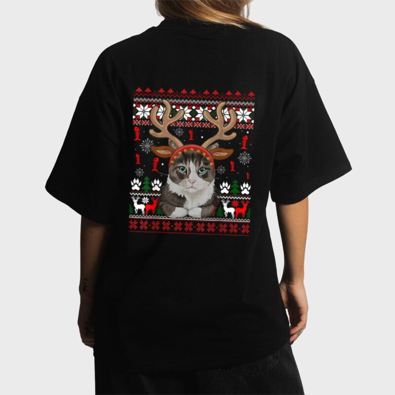 Cat Reindeer Antlers Headband Funny Ugly Christmas Sweater Women T-Shirt