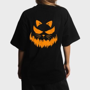 Cat Scary Pumpkin Face Jack O Lantern Halloween Costume Women T-Shirt
