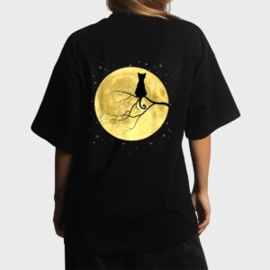 Cat Silhouette On Moon Mystical Cat Halloween Cat And Moon Women T-Shirt