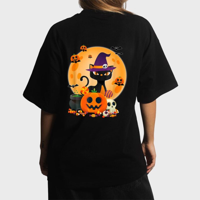 Cat With Witch Hat Pumpkin Bat Moon Cat Funny Halloween Women T-Shirt