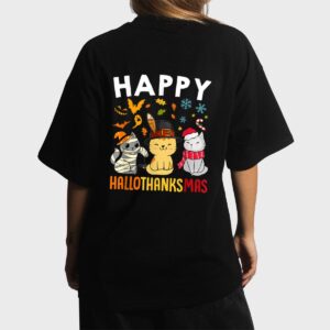Cats Happy HalloThanksMas Thanksgiving Christmas Women T-Shirt