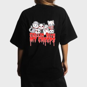Chillin With My Creeps Cat Horror Serial Killer Halloween Women T-Shirt
