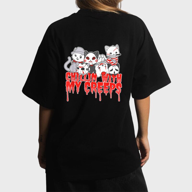 Chillin With My Creeps Cat Horror Serial Killer Halloween Women T-Shirt