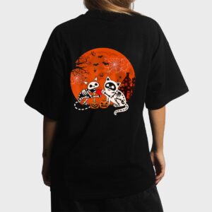 Couple Skeleton Horror Cats Halloween Couple Cat Owner Lover Women T-Shirt