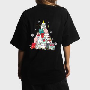 Cute Cat Christmas Tree Lights Snow Xmas Pajama Cat Lover Women T-Shirt