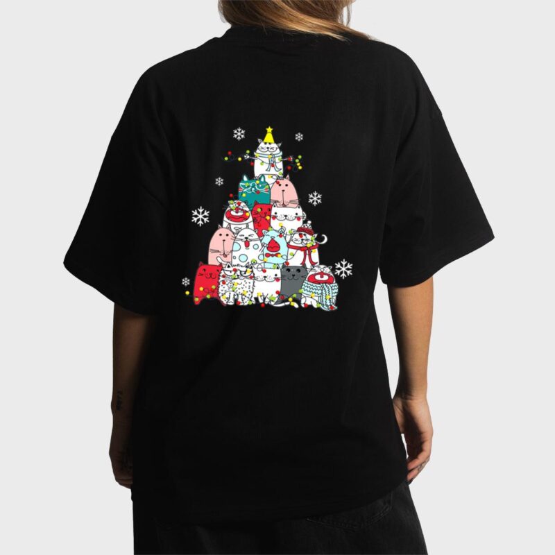 Cute Cat Christmas Tree Lights Snow Xmas Pajama Cat Lover Women T-Shirt