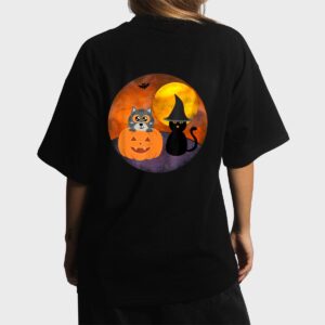 Cute Halloween Cat Scene Witch Pumpkin Bat Full Moon Women T-Shirt