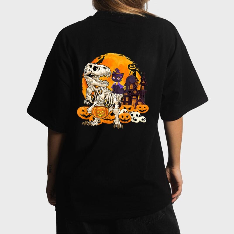 Dinosaur Skeleton Pumpkin With Moon Halloween Cat Witchy Women T-Shirt