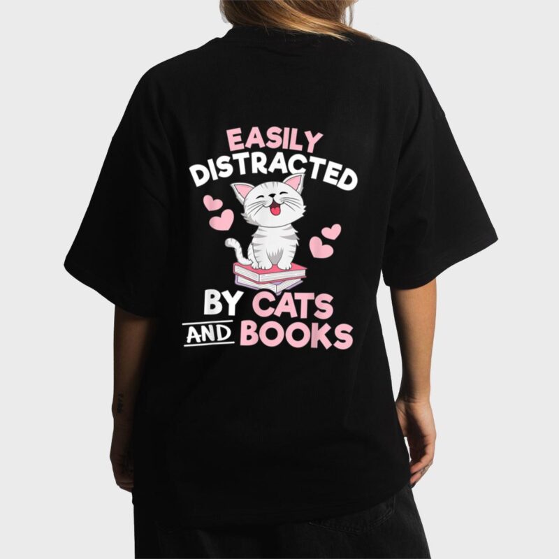 Easily Distracted By Cats and Books Cute Cat Book Lover Women T-Shirt