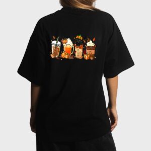 Fall Coffee Pumpkin Spice Latte Iced Autumn Black Cat Women T-Shirt