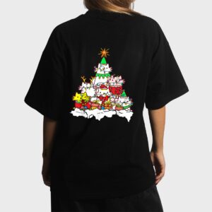 Funny Cat Christmas Tree Lights Costume Matching Pajama Gift Women T-Shirt