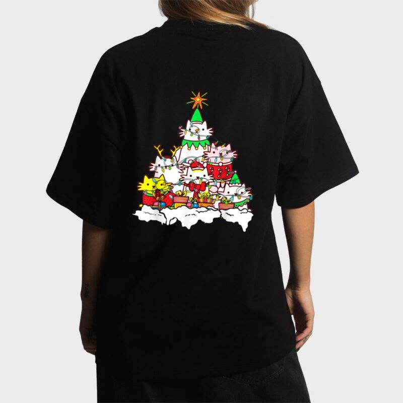 Funny Cat Christmas Tree Lights Costume Matching Pajama Gift Women T-Shirt