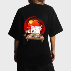 Funny White Cat Meme Eating Sushi Kawaii Sushi Cat Women T-Shirt