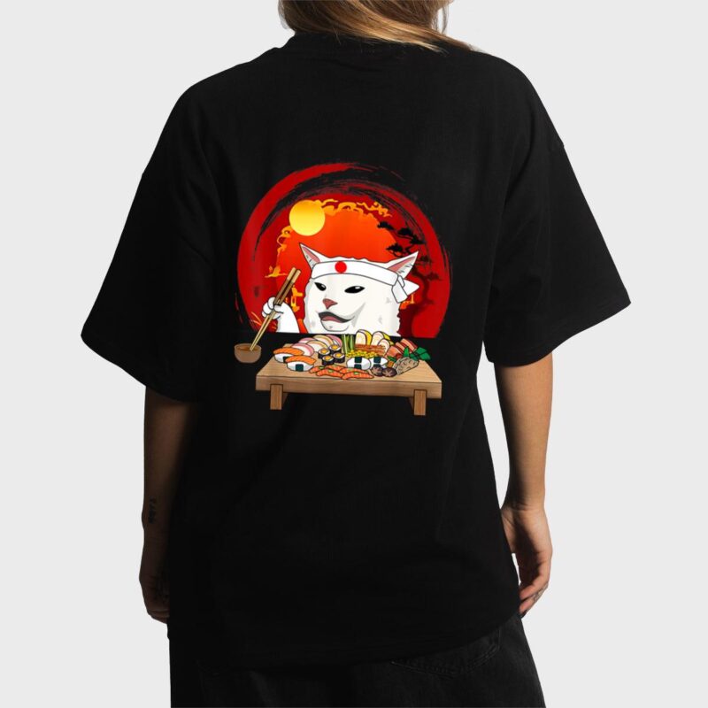 Funny White Cat Meme Eating Sushi Kawaii Sushi Cat Women T-Shirt