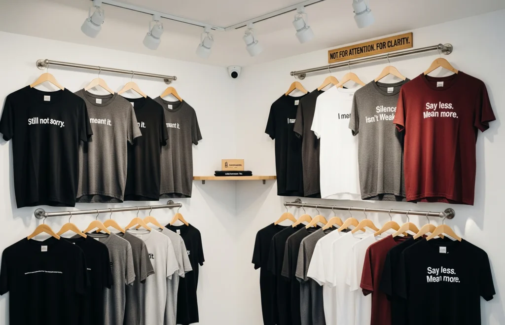 Each t-shirt features small white or gray printed text only — no graphics. Phrases like “Still not sorry,” “I meant it,” “Silence isn’t weakness,” and “Say less. Mean more.” The display is neat but emotionally resonant, not flashy. Lighting is neutral soft white from ceiling-mounted spotlights. The atmosphere is calm, honest, and stripped-down. A small wooden sign on the wall reads: “Not for attention. For clarity.”
