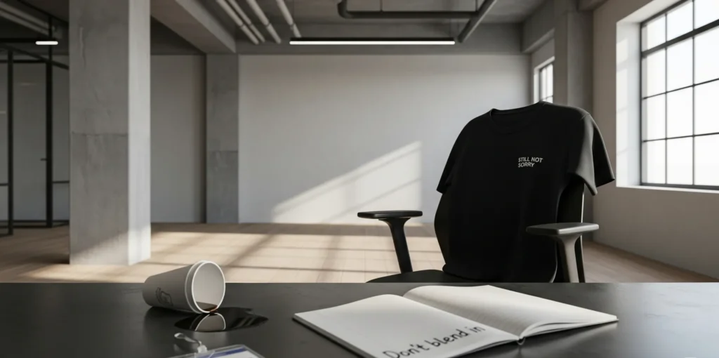 Natural daylight fills the room from a large window on the right, casting soft, elongated shadows across the floor and desk. The lighting is gentle but bright, not moody — it should feel like early morning or late afternoon with a crisp, clear ambiance.