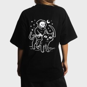 Grim Reaper Riding Cat Moon Funny Death Halloween Costume Women T-Shirt
