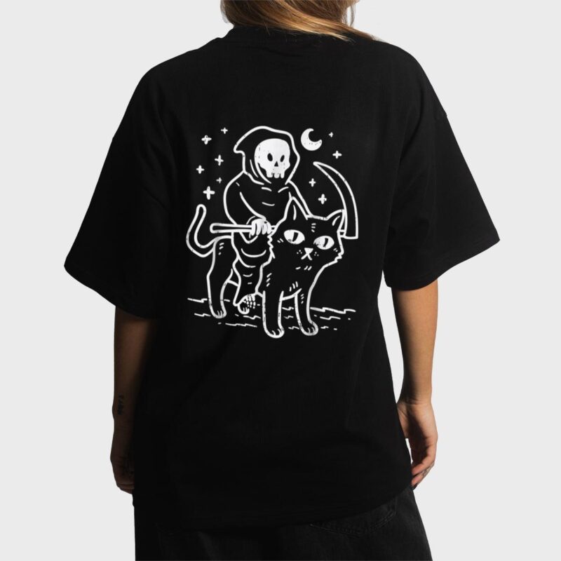 Grim Reaper Riding Cat Moon Funny Death Halloween Costume Women T-Shirt