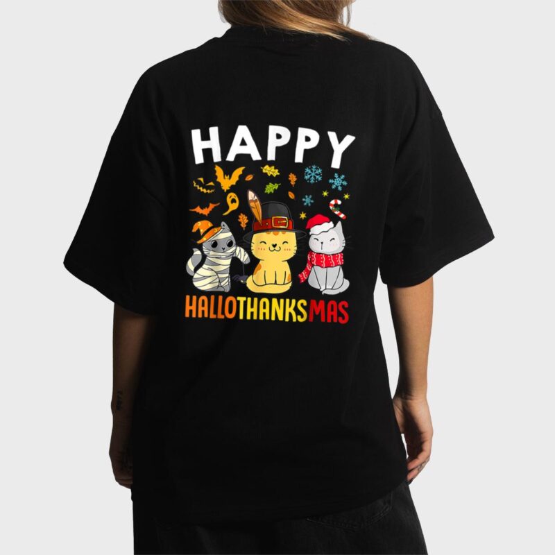 Halloween Thanksgiving Christmas Happy HalloThanksMas Cats Women T-Shirt