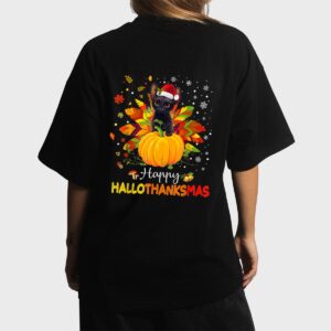 Happy Hallothanksmas Cat Halloween Thanksgiving Christmas Women T-Shirt