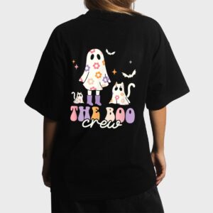 He Boo Crew Spooky Season Ghost Cat Halloween Groovy Retro Women T-Shirt