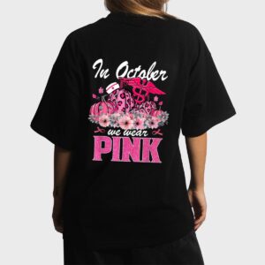 In October We Wear Pink Nurse Life Pumpkin Leopard Halloween Women T-Shirt