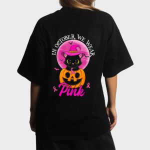 In October We Wear Pink Witch Cat Halloween Breast Cancer Women T-Shirt