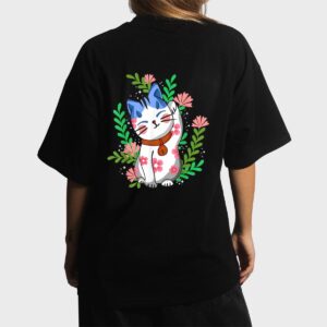 Maneki neko Lucky Japanese Cat Floral Botanical Women T-Shirt