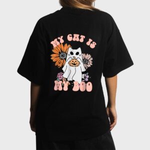 My Cat Is My Boo Floral Groovy Ghost Cat Spooky Halloween Women T-Shirt
