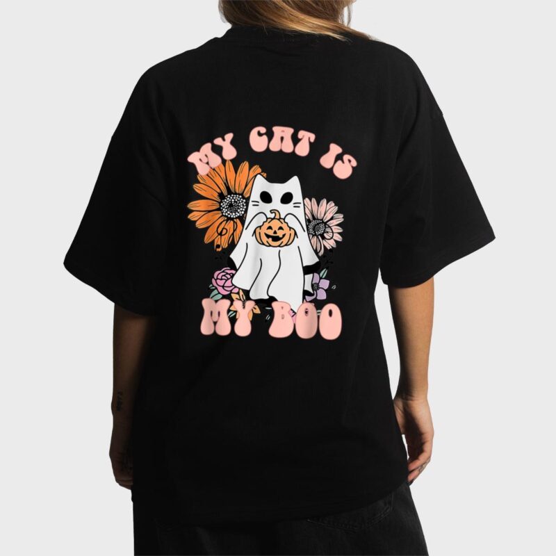 My Cat Is My Boo Floral Groovy Ghost Cat Spooky Halloween Women T-Shirt