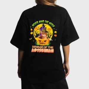 Never Mind He Witch Beware Of Abyssinian Cat Halloween Hat Women T-Shirt