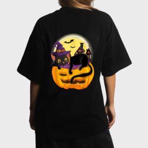 Pumpkin Black Cat Halloween Costume Scary Witch Autumn Fall Women T-Shirt