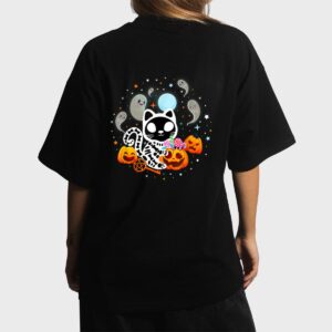 Skeleton Cat Halloween Shirt Kids Spooky Black Cat Halloween Women T-Shirt