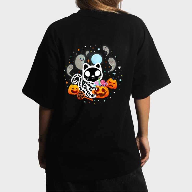 Skeleton Cat Halloween Shirt Kids Spooky Black Cat Halloween Women T-Shirt