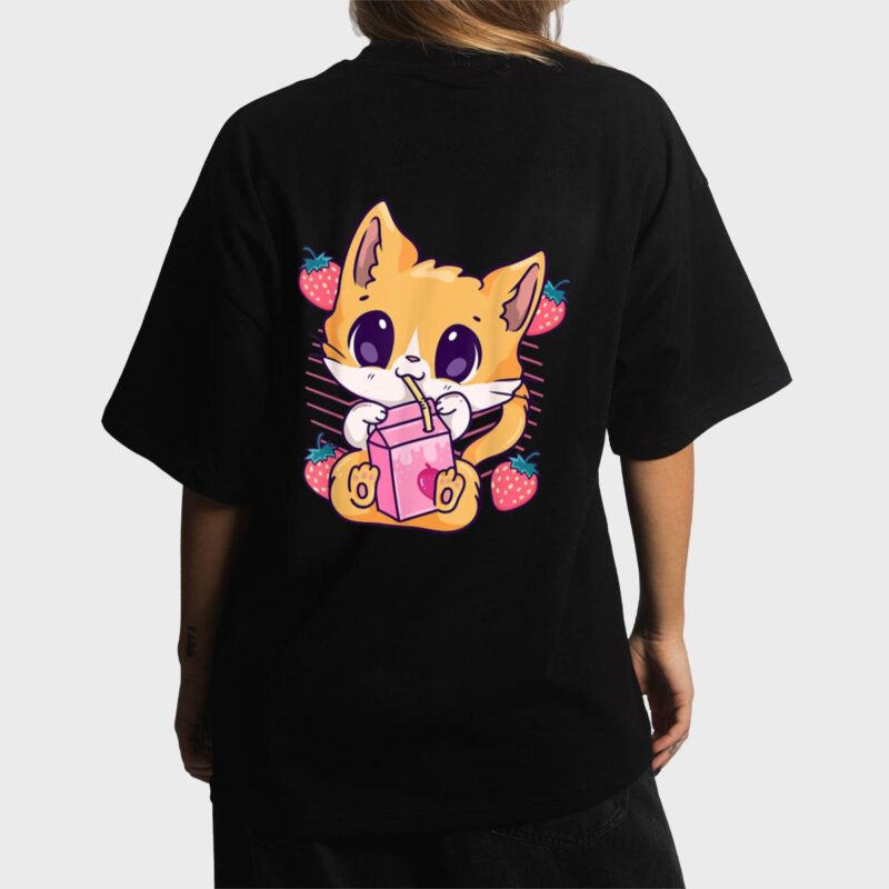 Strawberry Milk Cat Cute Kawaii Kitten Anime Neko Shake Women T-Shirt