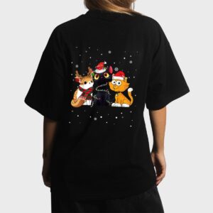 Three Cat Christmas Funny Kitty Santa Hat And Lights Gifts Women T-Shirt