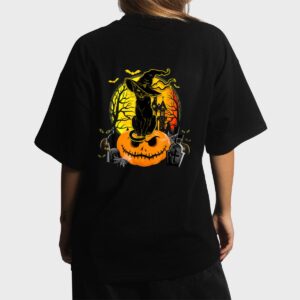 Vintage Black Cat Witch Scary Halloween Costume Kids Boys Women T-Shirt