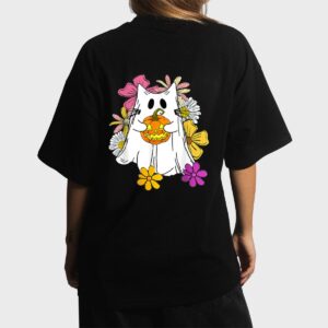 Vintage Floral Ghost Cat Halloween Graphic Women T-Shirt