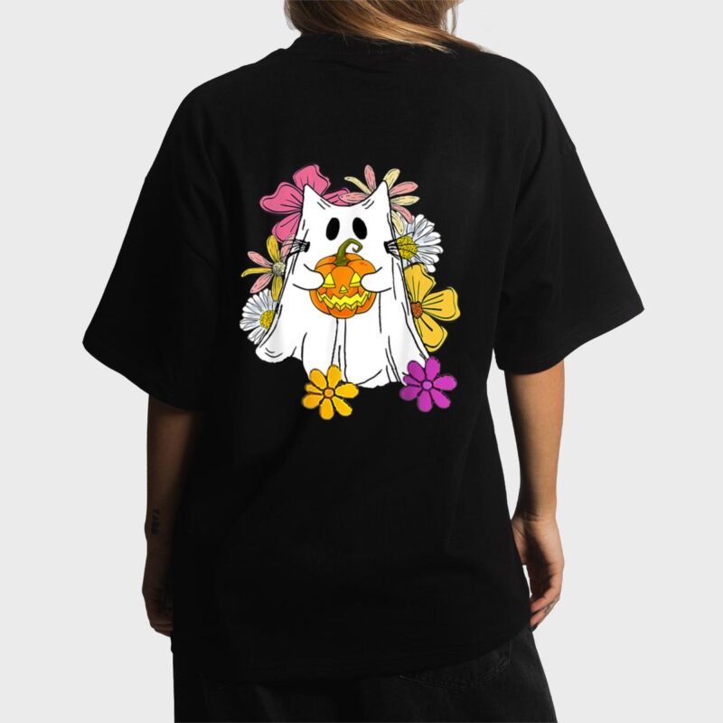 Vintage Floral Ghost Cat Halloween Graphic Women T-Shirt