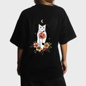 Vintage Floral Halloween Cat Ghost Pumpkin Auntum Women Kids Women T-Shirt