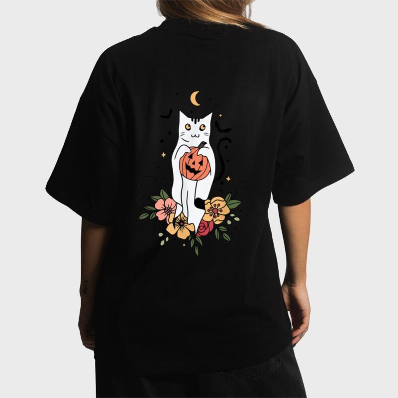 Vintage Floral Halloween Cat Ghost Pumpkin Auntum Women Kids Women T-Shirt